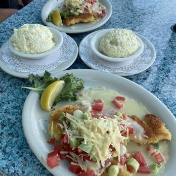 Lazy Days Restaurant - Yellowtail lazy days style (portion split in half) with potato salad - Seafood Near Me - Islamorada, Florida Lazy Days Restaurant - Yellowtail lazy days style (portion split in half) with potato salad - Seafood Near Me - Islamorada, Florida