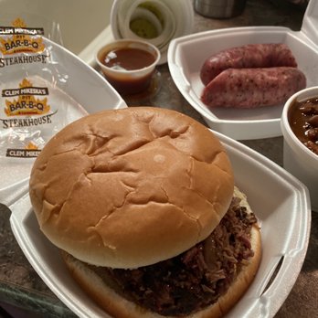 Clem Mikeska BBQ and Steakhouse - Chopped Beef Sandwich, Beans and Sausage - Barbeque Near Me - Cameron, Texas Clem Mikeska BBQ and Steakhouse - Chopped Beef Sandwich, Beans and Sausage - Barbeque Near Me - Cameron, Texas