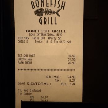 Bonefish Grill - Total for our meals - Seafood Near Me - North Charleston, South Carolina Bonefish Grill - Total for our meals - Seafood Near Me - North Charleston, South Carolina