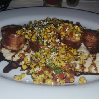 Roaring Fork - Bacon wrapped pork tenderloin with grits and Mexican street corn - American Near Me - Scottsdale, Arizona Roaring Fork - Bacon wrapped pork tenderloin with grits and Mexican street corn - American Near Me - Scottsdale, Arizona