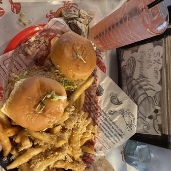 Aloha Krab - Flounder sliders & crab fries. Pink Lady bar drink - Seafood Near Me - Cheektowaga, New York