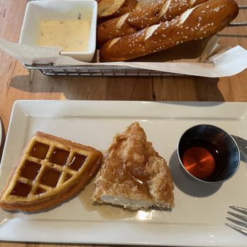 Nose Dive - The chicken and waffle is a half portion which they were kind enough to split for us in the kitchen - Gastropubs Near Me - Greenville, South Carolina Nose Dive - The chicken and waffle is a half portion which they were kind enough to split for us in the kitchen - Gastropubs Near Me - Greenville, South Carolina