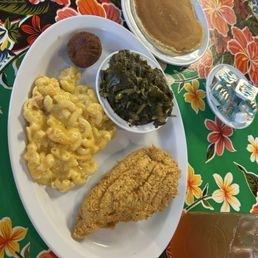 Bayou Catch Dinner with Collard Greens, Mac & Cheese and Corncake