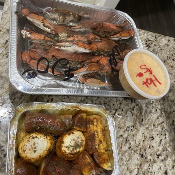 Chickys Crab - fantastic hot sauce!!1/2 dozen med crab side of eggs potatoes corn and sausage!!!! - Seafood Near Me - Fort Myers, Florida Chickys Crab - fantastic hot sauce!!1/2 dozen med crab side of eggs potatoes corn and sausage!!!! - Seafood Near Me - Fort Myers, Florida