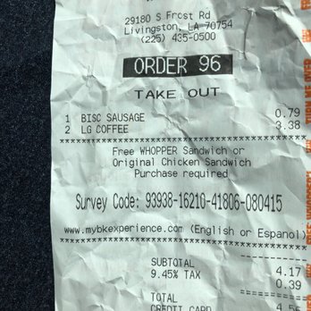 Burger King - the receipt for the order - Burgers Near Me - Livingston, Louisiana