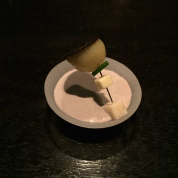 Alinea - #10) Hot Potato Cold Potato time-sensitive delicate dish of hot potato, truffle, butter that we had to unpin and drop into cold potato soup - New American Near Me - Chicago, Illinois Alinea - #10) Hot Potato Cold Potato time-sensitive delicate dish of hot potato, truffle, butter that we had to unpin and drop into cold potato soup - New American Near Me - Chicago, Illinois