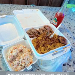 Versace Dominican Restaurant - Pork, rice and peas, w/ potato salad