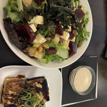 The Lazy Bubble - Glazed tofu with a fresh salad (apples, pistachios, cheddar cheese, and their homemade apple cider vinaigrette) - Hungarian Near Me - Pepperell, Massachusetts