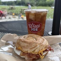 Breakfast sandwich and iced tea