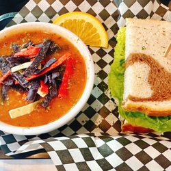 The Art Garden - Chicken tortilla soup and chicken salad sandwich on rye