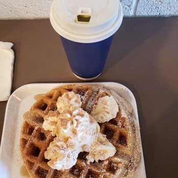 Roots Cafe - Hot Matcha latte with extra shot and Churro waffle. Both was so delicious! - Cafes Near Me - Cerritos, California
