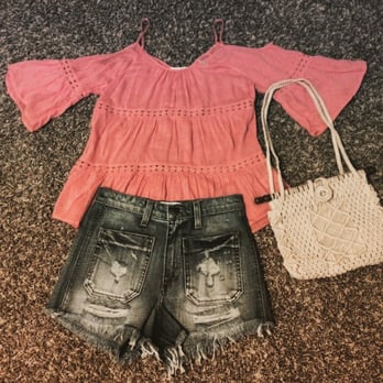 Buffalo Exchange - Bohemian style top. High waisted denim shorts. Vintage looking macrame mini handbag. - Used, Vintage & Consignment Near Me - Phoenix, Arizona Buffalo Exchange - Bohemian style top. High waisted denim shorts. Vintage looking macrame mini handbag. - Used, Vintage & Consignment Near Me - Phoenix, Arizona