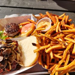 The 9W Market - Burger with bacon, mushrooms, and onions, regular fries, and sweet potato fries