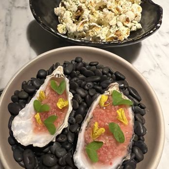 Commis - Miyagi oyster with citrus vinaigrette and Tom yum popcorn - New American Near Me - Oakland, California