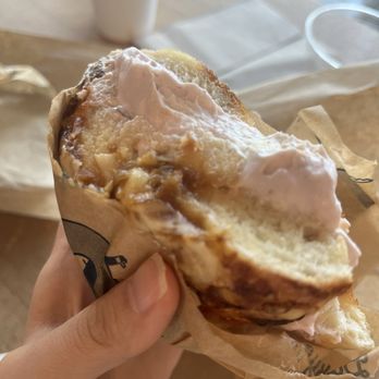 Backyard Bagel - Caramelized onion bagel with fig cream cheese spread - Bagels Near Me - Seattle, Washington