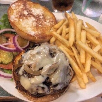 Tommy J's Grill & Catering - The Swiss N Shroomer burger with a side of fries - Burgers Near Me - Davis, California