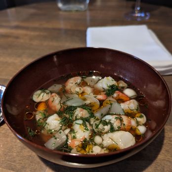 L'Abattoir - Consummè à la royale Spot prawns, custard, Jerusalem artichoke - French Near Me - Vancouver, British Columbia L'Abattoir - Consummè à la royale Spot prawns, custard, Jerusalem artichoke - French Near Me - Vancouver, British Columbia