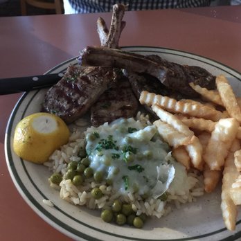 Olympia Cafe - Lamb chops with side of fries and Peas over rice pilaf. - Greek Near Me - Savannah, Georgia