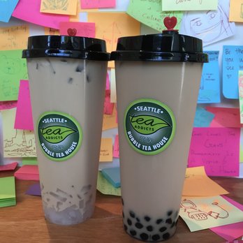 Tea Addicts - hokkaido milk tea with lychee jelly and classic black milk tea with tapioca - Bubble Tea Near Me - Seattle, Washington