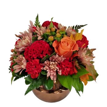 Ramones Flowers - Red coxcomb and carnations with hypericums, roses and chrysanthemums in a mirrored glass vase. - Florists Near Me - Wilmington, Delaware