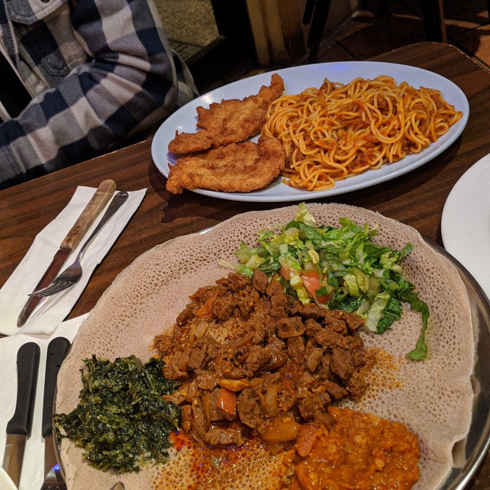 Keren Restaurant - Special Tibsi with beef and a (surprise) Chicken Cotoleta with spaghetti and meat sauce. - Ethiopian Near Me - Washington, DC, District of Columbia