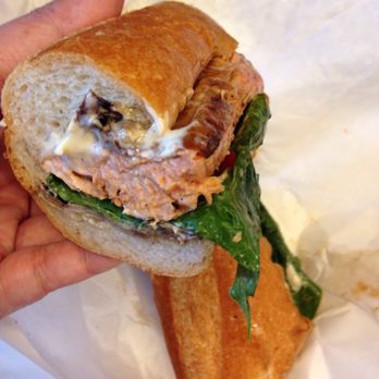 Market Grill - Salmon sandwich with rosemary mayo, tomato, and grilled onion. SO GOOD! - Seafood Near Me - Seattle, Washington