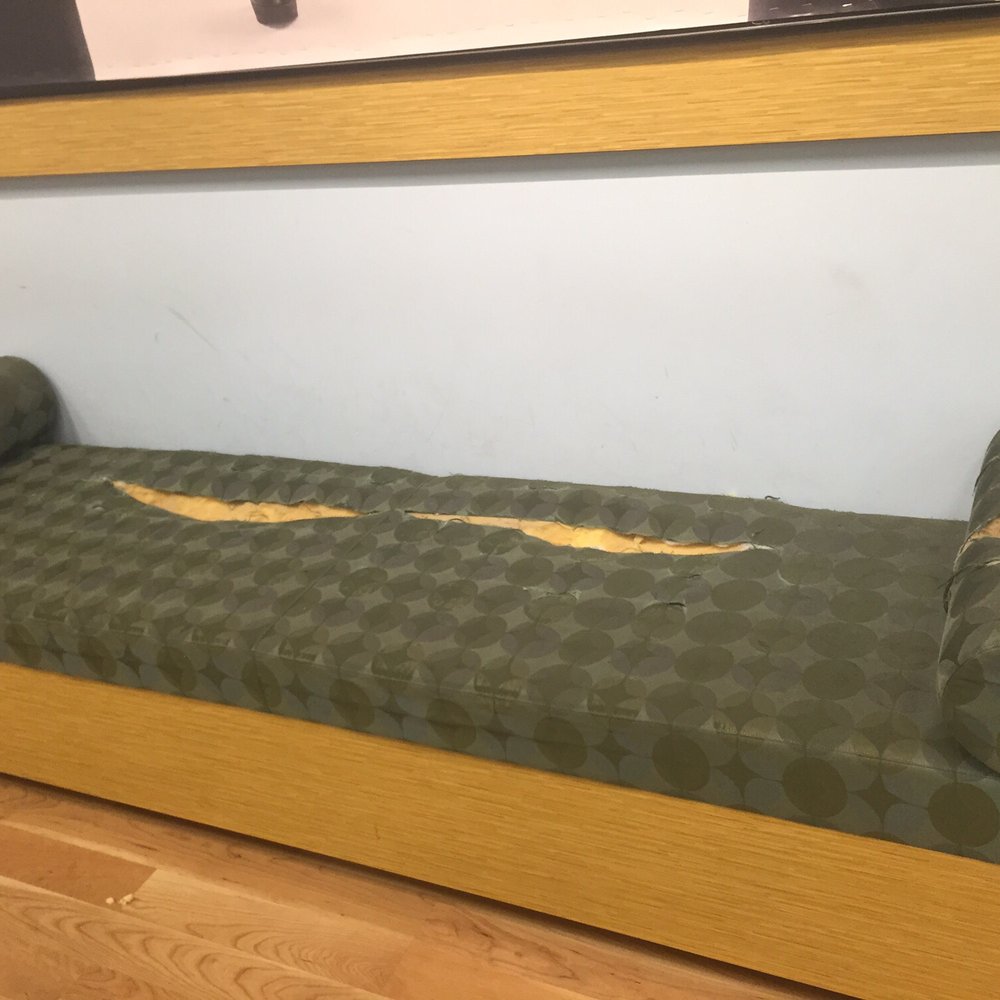The sitting couch in the fitting room area has been busted like this for over a year or 2. It's so gross. The sitting couch in the fitting room area has been busted like this for over a year or 2. It's so gross.