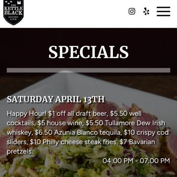 The Kettle Black Kitchen & Pub - specials on their website. charged us $6 for the wine They charged $12 for the Philly fries and the cod sliders - Gastropubs Near Me - Phoenix, Arizona The Kettle Black Kitchen & Pub - specials on their website. charged us $6 for the wine They charged $12 for the Philly fries and the cod sliders - Gastropubs Near Me - Phoenix, Arizona