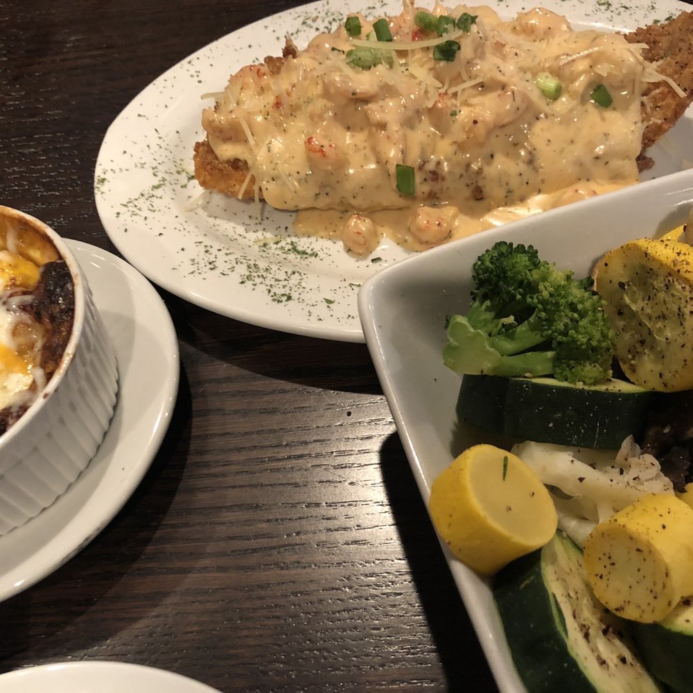 Mayeaux's Steak & Seafood - Red Fish Cocodrie with steamed vegetables and squash casserole. - Seafood Near Me - Natchitoches, Louisiana Mayeaux's Steak & Seafood - Red Fish Cocodrie with steamed vegetables and squash casserole. - Seafood Near Me - Natchitoches, Louisiana