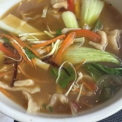 Pemako Kitchen - Vegetarian flat noodle soup.