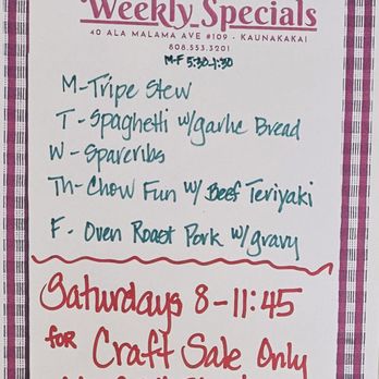 Mrs. K's Concession - Weekly Special Menu - New American Near Me - Kaunakakai, Hawaii Mrs. K's Concession - Weekly Special Menu - New American Near Me - Kaunakakai, Hawaii