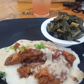 The Blue Hen Cafe - The Yard Bird with a side of collards and Watermelon & Lime Mimosa - Southern Near Me - Saint Augustine, Florida