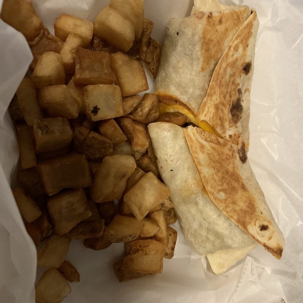 Breakfast burrito and pub potatoes Breakfast burrito and pub potatoes