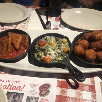 Buca di Beppo Italian Restaurant - Buca Trio Platter (Fried Mozzarella left, Spinach Artichoke Dip Center, Fried Mac 'n Cheese right). - Italian Near Me - Redondo Beach, California