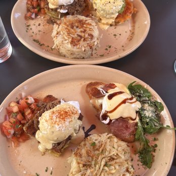 Snooze, an A.M. Eatery - Eggs Benedicts: smashed avocado Benedict, Bella! Bella! Benedict, Barbacoa Chile Verde Benedict - Breakfast & Brunch Near Me - Houston, Texas