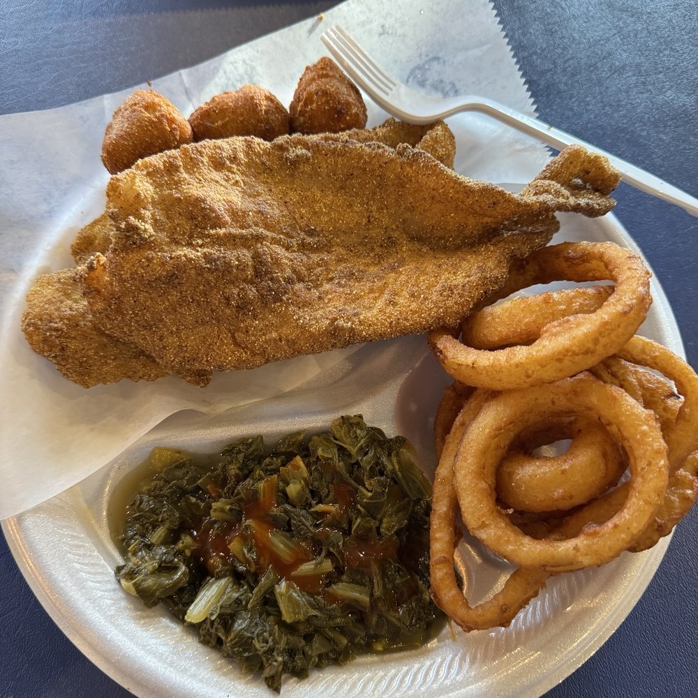 Uncle Larry's - Catfish Plate with onion rings and turnip greens - Desserts Near Me - Chattanooga, Tennessee