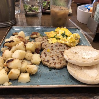 First Watch - Traditional breakfast, with chicken sausage, English muffin, cheese eggs and potatoes. - American Near Me - Chantilly, Virginia First Watch - Traditional breakfast, with chicken sausage, English muffin, cheese eggs and potatoes. - American Near Me - Chantilly, Virginia