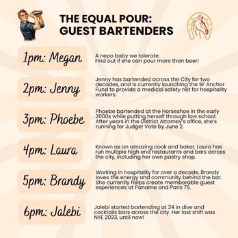 Horseshoe Tavern - Guest bartenders for Equal Pour Event - Pubs Near Me - San Francisco, California Horseshoe Tavern - Guest bartenders for Equal Pour Event - Pubs Near Me - San Francisco, California