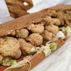 Pirate's Cove - Seafood Combo Po-Boy : The whole sandwich is 1/2 shrimp, 1/2 oyster.
