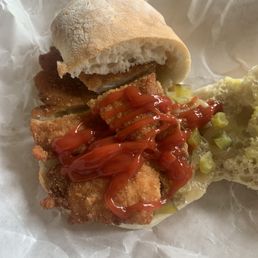 chicken cutlet with pickles and caramelized onions...out of this world...bread was so fresh!