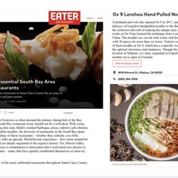 Ox 9 Lanzhou Handpulled Noodles - Proud to be featured on EATER SF in April 2023, the 25 must try essential restaurants in South Bay!