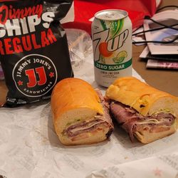 Jimmy John's - 5/14/23 number 9 Hunter. Minus mayonnaise add Dijon mustard.  chips  7 up zero sugar brought home
