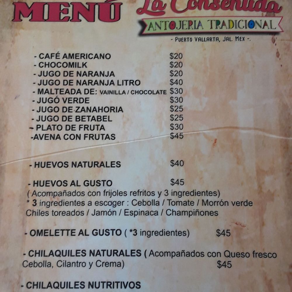La Consentida - Menu - Mexican Near Me - Puerto Vallarta, JAL