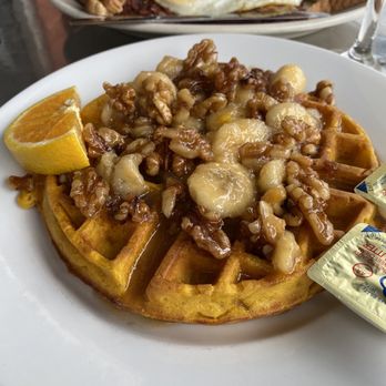 Sound Bites Cafe - Pumpkin Waffle with caramel walnut and banana - Breakfast & Brunch Near Me - Somerville, Massachusetts