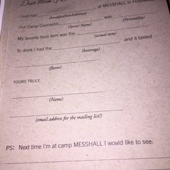 MESSHALL - Cute camp counselor style feedback form... - Breakfast & Brunch Near Me - Los Angeles, California MESSHALL - Cute camp counselor style feedback form... - Breakfast & Brunch Near Me - Los Angeles, California