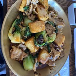 Dry pot with pork belly, fish cake, and bok choy Dry pot with pork belly, fish cake, and bok choy