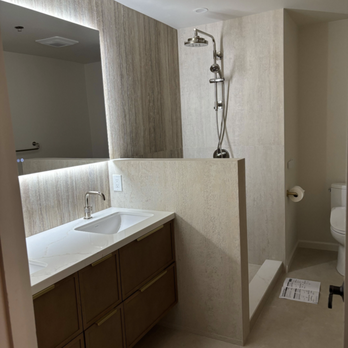 Cotfort Residential Remodeling - Remodeled bathroom, with new pony wall installed (pre-shower glass install) - General Contractors Near Me - Campbell, California Cotfort Residential Remodeling - Remodeled bathroom, with new pony wall installed (pre-shower glass install) - General Contractors Near Me - Campbell, California