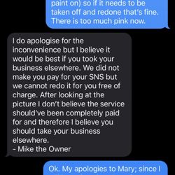 Modish Nail Spa - Text message poor customer service
