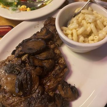 Texas Roadhouse - Ribeye with smothered mushrooms, side of Mac and house salad - Steakhouses Near Me - Texas City, Texas Texas Roadhouse - Ribeye with smothered mushrooms, side of Mac and house salad - Steakhouses Near Me - Texas City, Texas