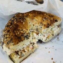 Restoration Coffee - Housemade veggie cream cheese on everything bagel